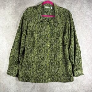 Susan Graver Button Down Shirt Womens Size 1X Green Snake Print Long‎ Sleeves